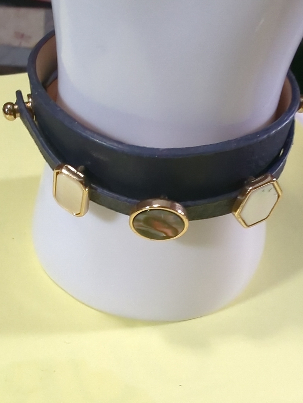 Snap In Decorations Leather Bracelet Blue & Gold-tone W/ Abalone, Mother Of Pear